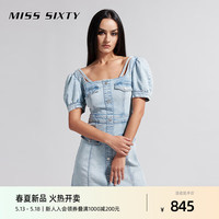 MISS SIXTY2024夏季牛仔连衣裙女法式方领短袖短裙甜美丹宁风 浅蓝 XS