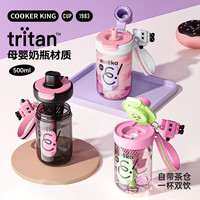 炊大皇塑料杯母婴级时尚双饮大容量塑料水杯橙蓝色500ml