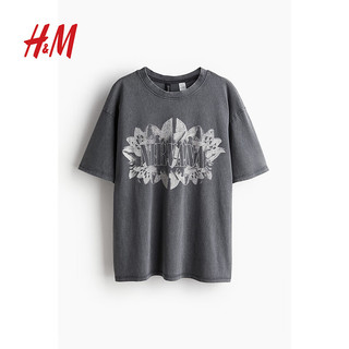 H&M女士T恤2024夏季舒适柔软潮流大廓形印花短袖上衣1206628 深灰色/Nirvana XXS