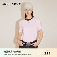 MI IXTY2024春季新款T恤女拼色圆领短袖美式复古钻饰百搭休闲