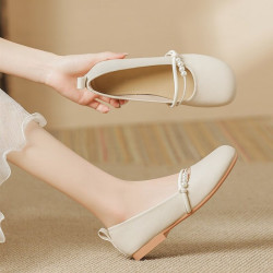 瓦米诺秋季新款浅口软皮珍珠平底单鞋女配裙子温柔风旗袍鞋子仙女豆豆