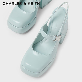 CHARLES&KEITH24夏方头粗高跟一字带玛丽珍凉鞋CK1-60361514 Blue蓝色 34