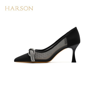 哈森单鞋女2024夏季尖头气质细跟高跟鞋舒适网面女鞋HWM240113 黑色 36