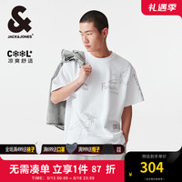 杰克·琼斯（JACK&JONES）夏季款罗纹圆领衣身满印侧缝LOGO织布宽松短袖T恤男装224201292 A06本白色 常规 190/108A/XXL