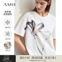 AMII2024夏新款圆领水墨艺术印花冰凉感短袖T恤女宽松棉质12442185 米白 160/84A/M