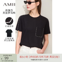 AMII2024夏极简直筒圆领套头短袖钉珠织带弹力T恤女款 黑色 160/84A/M