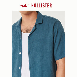 HOLLISTER 24春夏美式纯色织纹棉质短袖衬衫 男 KI325-4033 深蓝绿色 XL (180/116A)