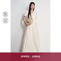 欧时力 弹力皱条长裙2024夏法式桔梗裙v领连衣裙 米黄 XS