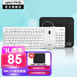 logitech 羅技 MK120有線鍵鼠套裝  USB電腦鍵盤薄膜 即插即用 全尺寸 MK120白色+短鼠標墊