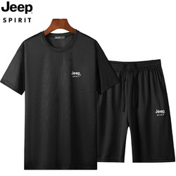 Jeep 吉普 套裝男士夏季運動圓領運動健身短袖T快干服飾 黑色  L