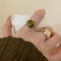 MOEFI 茉妃 復古戒指女生氣質小眾設計自然石開口食指戒網紅時尚個性閨蜜指環 琥珀色戒指 開口可調節