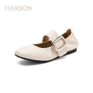 哈森2024真皮芭蕾鞋舒适软底女鞋圆头浅口女单鞋HWS240147 米色 35