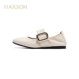 哈森2024真皮芭蕾鞋舒适软底女鞋圆头浅口女单鞋HWS240147 米色 35