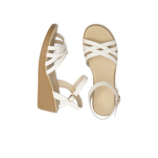 红蜻蜓2024夏季坡跟织厚底一字带时尚凉鞋女鞋 WJK24844米白色39