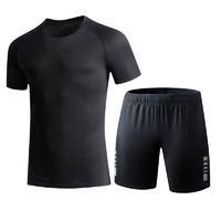 夏季运动套装男士跑步健身衣服装备短袖冰丝T恤速干上衣篮球训练 黑色套装 L