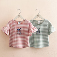 贝壳元素 宝宝条纹短袖T恤夏装新款女童童装儿童喇叭袖上衣txa359