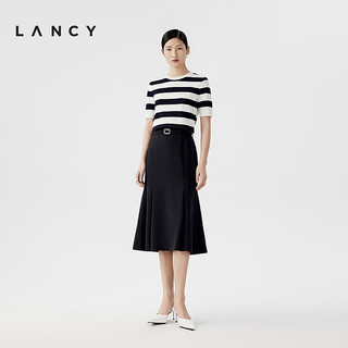 朗姿/LANCY2024夏季通勤鱼尾半身裙钻扣腰带高腰气质中长裙女 暮色藏蓝色 S