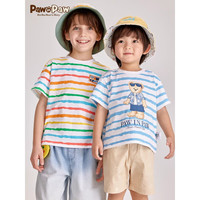 PawinPaw卡通小熊童装24年夏季男童撞色彩色条纹圆领短袖T恤 Blue蓝色/50 110