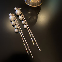 Trendolla 925银针镶钻珍珠流苏耳环欧美个性长款耳坠时尚气质潮流耳饰