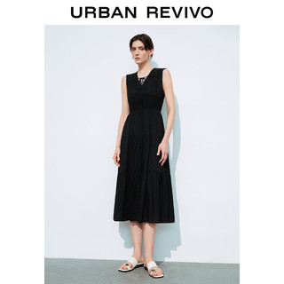 URBAN REVIVO 女士复古浪漫褶皱层叠V领系带连衣裙 UWH740058 正黑  S