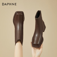 DAPHNE 達芙妮 靴子女2024新款冬季英倫風軟底粗跟加絨棉鞋棕色馬丁靴短靴