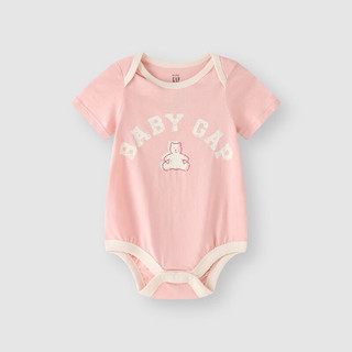 Gap婴儿2024夏季纯棉小熊撞色短袖连体衣儿童装包屁衣505656 粉色 90cm (18-24月) 亚洲尺码