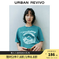 UR2024夏季女装休闲复古水洗做旧印花棉质T恤衫UWL440119 浅葱绿 XL