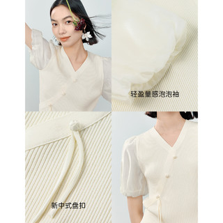伊芙丽（eifini）伊芙丽新中式国风假两件网纱V领设计感针织衫女2024夏装 米色发 170/95CM/XL