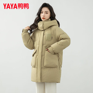 鸭鸭（YAYA）2024年冬季羽绒服女中长款简约连帽鸭绒保暖外套上衣 卡绿色 155/80A(S)