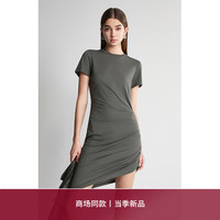 欧时力 抽褶不规则短袖连衣裙2024春夏修身透气显瘦 军绿 M