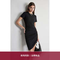 欧时力 抽褶不规则短袖连衣裙2024春夏修身透气显瘦 黑色 M