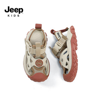 Jeep吉普男童鞋子夏季包头凉鞋男孩轻便软底女童2024儿童沙滩鞋子 卡其.胭脂红 37码 内长23.3CM