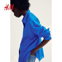 H&M女装衬衫2024夏季长袖休闲基础透气棉质大廓形衬衣1214338 亮蓝色 155/80