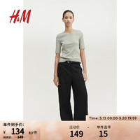 H&M女装T恤2024夏季修身版常规款舒适圆领短袖上衣1240941 浅卡其绿 155/80