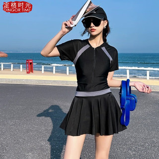 定格时光（DINGOR TIME）泳衣女连体裙式泳衣一体拼接无钢托聚拢显瘦速干保守短袖遮肚泳装 黑色 L码（100-125斤） L码（110-135斤） 拼色黑色
