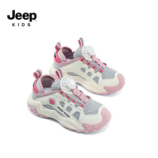 Jeep吉普女童鞋2024夏季儿童运动鞋软底透气网面镂空旋纽扣男童鞋 米粉 34码 鞋内长约21.9cm