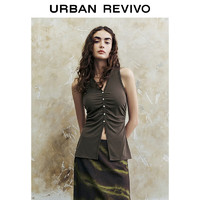 URBAN REVIVO 女装时髦休闲褶皱修身显瘦V领背心UWH440054 深绿 M