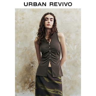 URBAN REVIVO 女装时髦休闲褶皱修身显瘦V领背心UWH440054 深绿 S