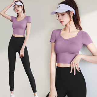 DUTRIEUX 瑜伽服女套装运动服跑步训练衣含胸垫T恤拼接短袖瑜伽裤 瑜伽服两件套果酱紫+黑 L（110-130斤）