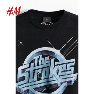 H&M男装上衣2024春季宽松版潮流休闲时尚圆领印花T恤1225609 黑色/The Strokes 170/92 S