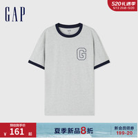 Gap男女装2024夏季纯棉logo撞色领袖口短袖T恤简约上衣502314 灰色 170/92A(M) 亚洲尺码