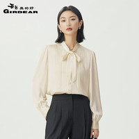 哥弟真的好2024夏季新款轻职场立领通勤飘带光泽长袖衬衫上衣女A301473 米白