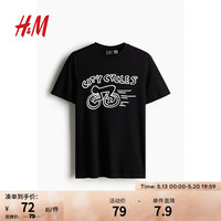 H&M男装2024夏季T恤青春流行圆领字母印花纯棉短袖上衣0973277 黑色/Keith Haring 165/84