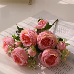 初卓 仿真牡丹花歐式絹花假花插花藝室內裝飾 牡丹深粉色一束（5朵花）