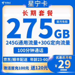 CHINA TELECOM 中国电信 星宁卡 20年29元月租（275G全国流量+100分钟通话）
