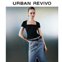 URBAN REVIVO 女士休闲简约方领修身短袖T恤 UWV440144 正黑  XS
