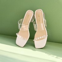 BeLLE 百丽 优雅粗跟一字带拖鞋女2024夏季新款鞋子透明高跟拖鞋