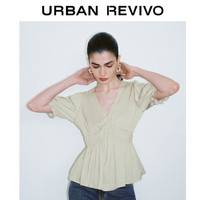 URBAN REVIVO 女士法式气质泡泡袖捏褶V领衬衫 UWG240100 浅绿  M