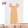 H&M 女装裙子夏季新款泡泡袖方领梭织中长款连衣裙0965429 深黄色/格纹 170/100