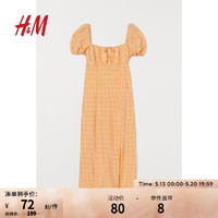 H&M 女装裙子夏季新款泡泡袖方领梭织中长款连衣裙0965429 深黄色/格纹 170/100